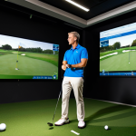 A professional male golf coach, wearing a neat, modest golf polo shirt and slacks, stands beside a focused female student, who is wearing appropriate, fully clothed golf athletic wear, inside a modern indoor golf simulator studio. The coach points to a large digital screen displaying golf swing data and ball flight trajectories from a launch monitor, while the student attentively listens, holding a golf club. The studio features sleek design, ambient lighting, and advanced golf technology. Perfect anatomy, correct proportions, natural pose, well-formed hands, proper finger count, natural body proportions. Professional photography, high detail, sharp focus, vibrant colors, safe for work, appropriate content, fully clothed, professional.