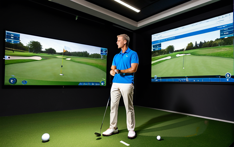 A professional male golf coach, wearing a neat, modest golf polo shirt and slacks, stands beside a focused female student, who is wearing appropriate, fully clothed golf athletic wear, inside a modern indoor golf simulator studio. The coach points to a large digital screen displaying golf swing data and ball flight trajectories from a launch monitor, while the student attentively listens, holding a golf club. The studio features sleek design, ambient lighting, and advanced golf technology. Perfect anatomy, correct proportions, natural pose, well-formed hands, proper finger count, natural body proportions. Professional photography, high detail, sharp focus, vibrant colors, safe for work, appropriate content, fully clothed, professional.