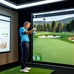 A professional individual, fully clothed in modest, appropriate athletic wear, standing next to a large digital screen displaying detailed golf swing analytics data in a state-of-the-art indoor golf simulator studio. The setting is modern, brightly lit, with high-tech equipment visible. The person is observing the data with a focused expression. Perfect anatomy, correct proportions, natural pose, well-formed hands, proper finger count, natural body proportions, fully clothed, safe for work, appropriate content, professional, high quality professional photography.