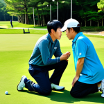 Lesson Accident & Insurance**

A worried golf coach in appropriate attire kneeling beside a student who has tripped (minor scrape visible). Background: a sunny driving range. Coach is checking on the student with concern. Text overlay (in Japanese): "万が一に備えよう！ゴルフコーチの保険" (Prepare for the Unexpected! Golf Coach Insurance). Safe for work, appropriate content, fully clothed, professional, modest, family-friendly, perfect anatomy, correct proportions, natural pose, well-formed hands, proper finger count, natural body proportions, high quality.

**