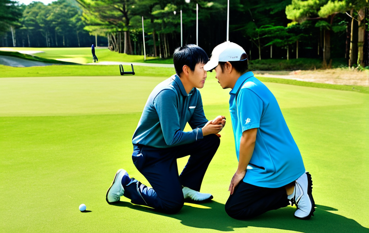 Lesson Accident & Insurance**

A worried golf coach in appropriate attire kneeling beside a student who has tripped (minor scrape visible). Background: a sunny driving range. Coach is checking on the student with concern. Text overlay (in Japanese): "万が一に備えよう！ゴルフコーチの保険" (Prepare for the Unexpected! Golf Coach Insurance). Safe for work, appropriate content, fully clothed, professional, modest, family-friendly, perfect anatomy, correct proportions, natural pose, well-formed hands, proper finger count, natural body proportions, high quality.

**