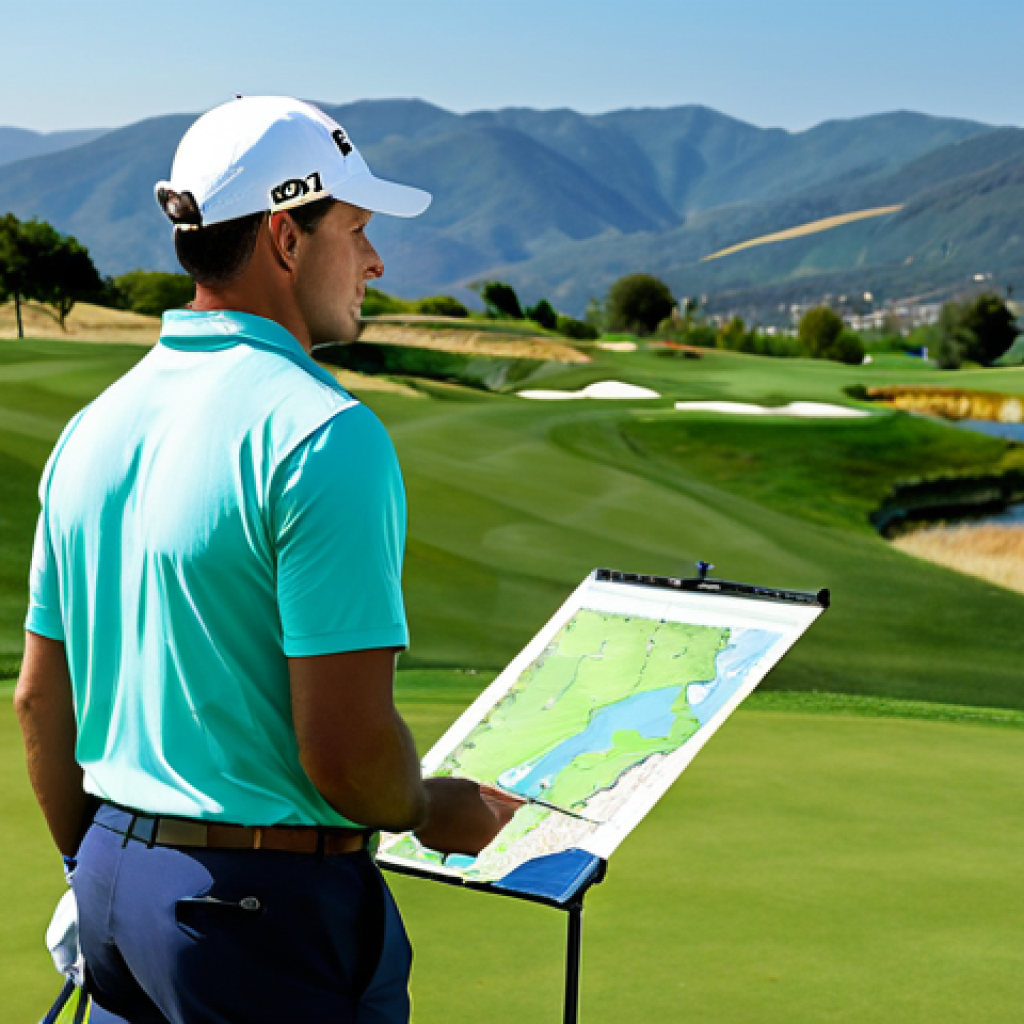 Strategic Course Planning**
A professional golfer, fully clothed in appropriate golf attire, standing on a well-manicured green, studying a detailed golf course map. The golfer is focused and contemplating their next shot. The background features a picturesque view of the golf course with rolling hills and a clear blue sky. Perfect anatomy, correct proportions, natural pose, safe for work, appropriate content, fully clothed, professional, family-friendly, high quality.
**