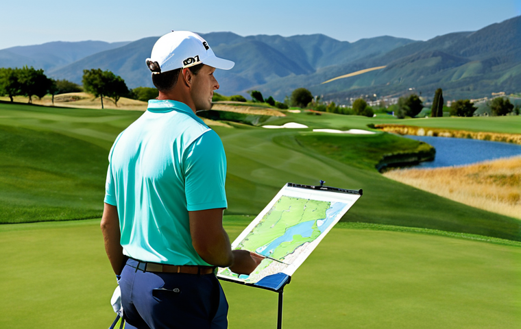 Strategic Course Planning**

A professional golfer, fully clothed in appropriate golf attire, standing on a well-manicured green, studying a detailed golf course map. The golfer is focused and contemplating their next shot. The background features a picturesque view of the golf course with rolling hills and a clear blue sky. Perfect anatomy, correct proportions, natural pose, safe for work, appropriate content, fully clothed, professional, family-friendly, high quality.

**