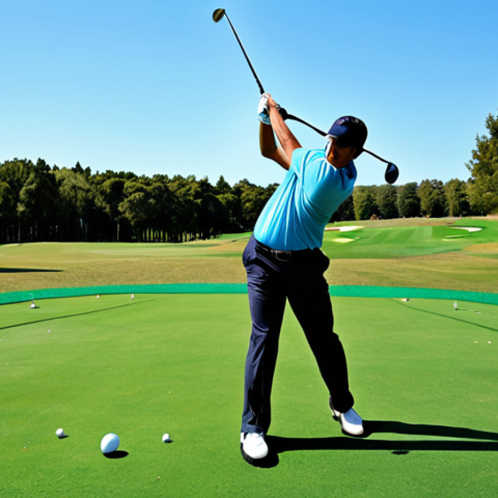 골프 레슨 초보자를 위한 워크북 제작 - **Image:** A golfer practicing at a driving range.
**Prompt:** "A golfer practicing their swing...