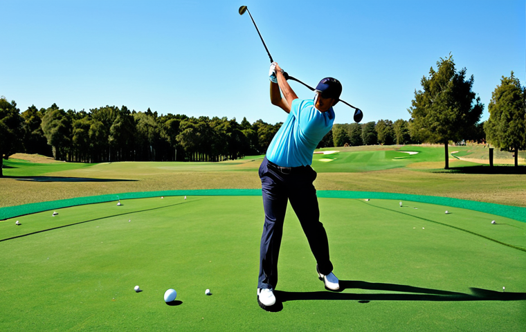 골프 레슨 초보자를 위한 워크북 제작 - **Image:** A golfer practicing at a driving range.

    **Prompt:** "A golfer practicing their swing...