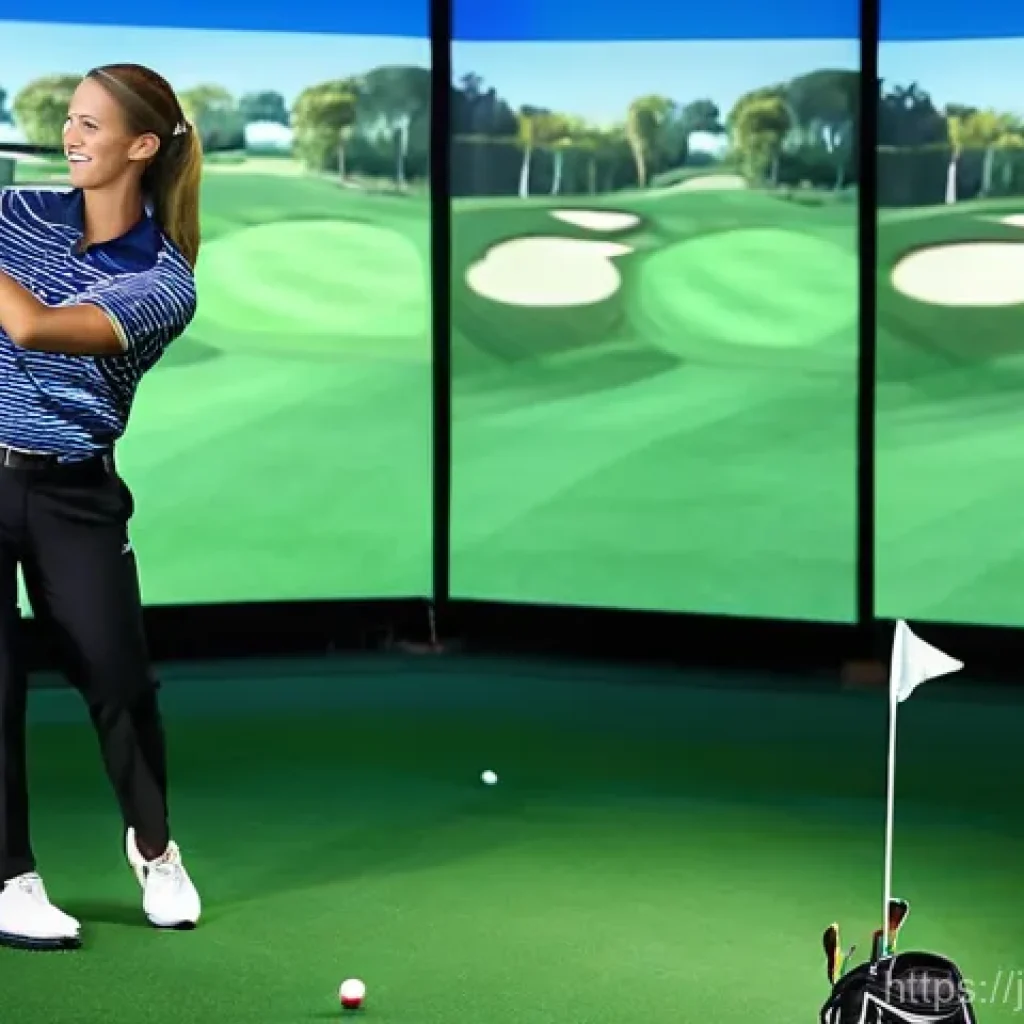 골프 레슨 마케팅 전략 - **Prompt:** A dynamic and engaging indoor golf lesson. A friendly female golf coach in her late 30s,...