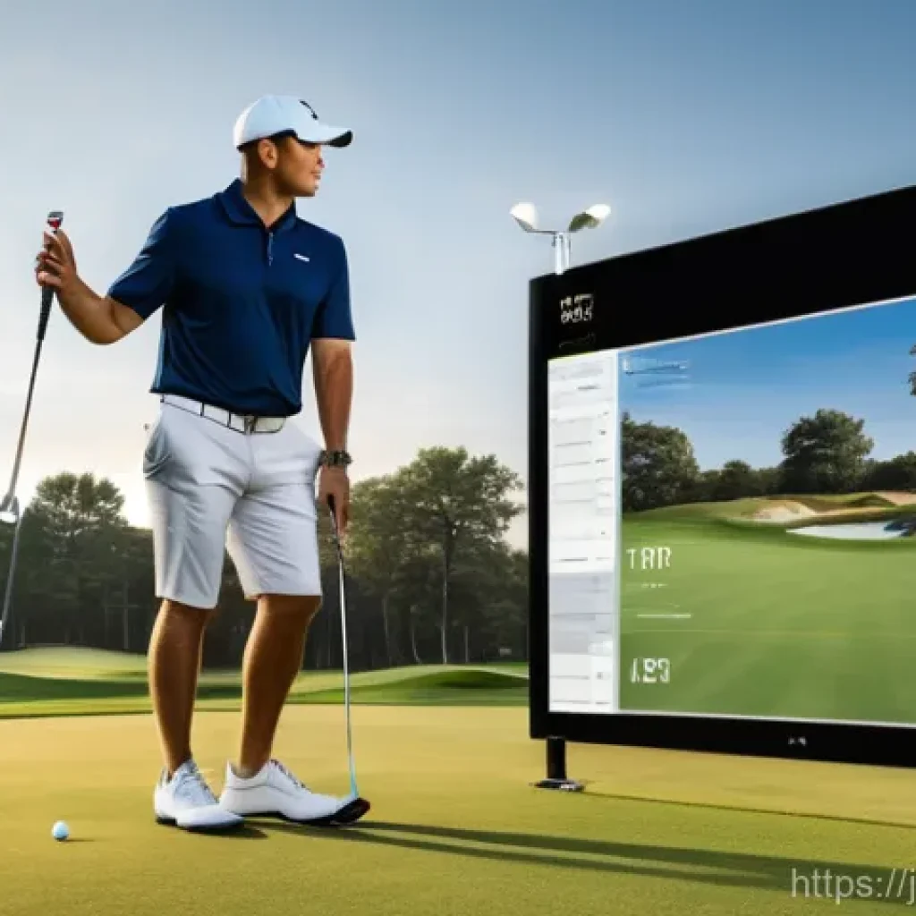 골프코치의 자기계발을 위한 온라인 강좌 - **Prompt:** A clean, brightly lit modern indoor golf simulator facility. A professional male golf co...