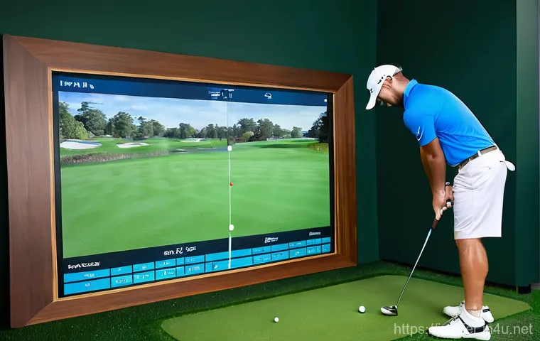 골프 지도에서 사용하는 최신 기술 - **Prompt:** A dynamic, high-tech shot of a male golfer (around 30s-40s, athletic build, wearing a cl...