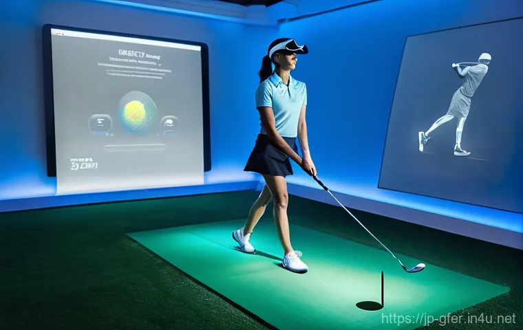 골프 지도에서 사용하는 최신 기술 - **Prompt:** A dynamic, high-tech shot of a male golfer (around 30s-40s, athletic build, wearing a cl...