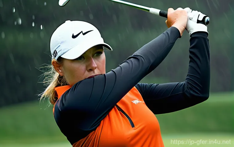 골프 프로로서의 자긍심 키우는 법 - A serene and contemplative portrait of a female professional golfer, around 30 years old, standing p...