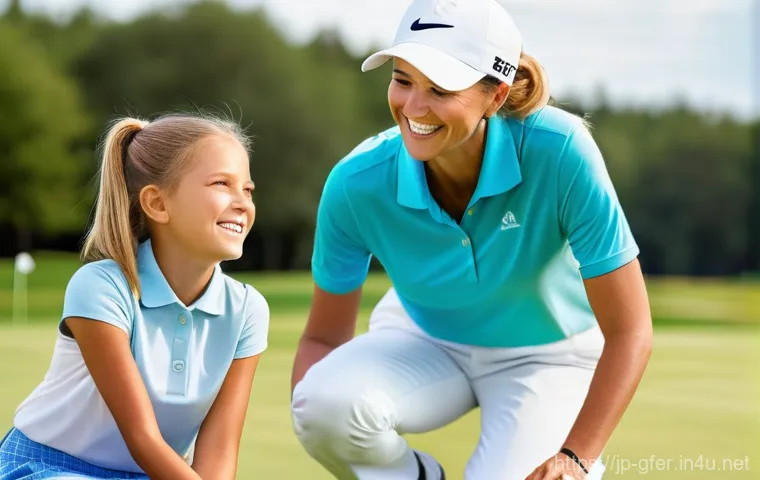 골프 프로로서의 자긍심 키우는 법 - A dynamic and intense mid-shot of a female professional golfer, in her mid-30s, executing a powerful...