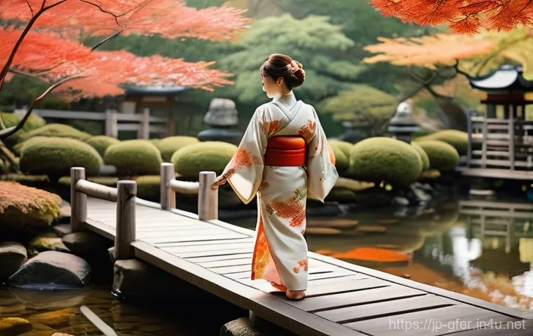 골프코치 커뮤니티 가입의 이점 - **A Serene Autumn Morning in a Japanese Garden:** A young woman, in her early twenties, wearing a mo...