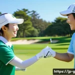 골프장 직원과의 관계 관리 - A cheerful Japanese golf course staff member warmly greeting a smiling female golfer in her 30s at t...