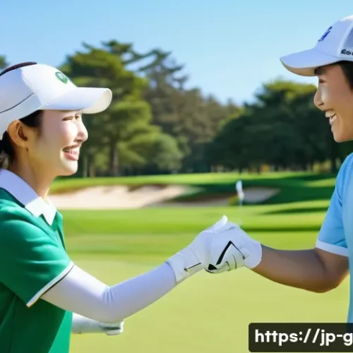 골프장 직원과의 관계 관리 - A cheerful Japanese golf course staff member warmly greeting a smiling female golfer in her 30s at t...