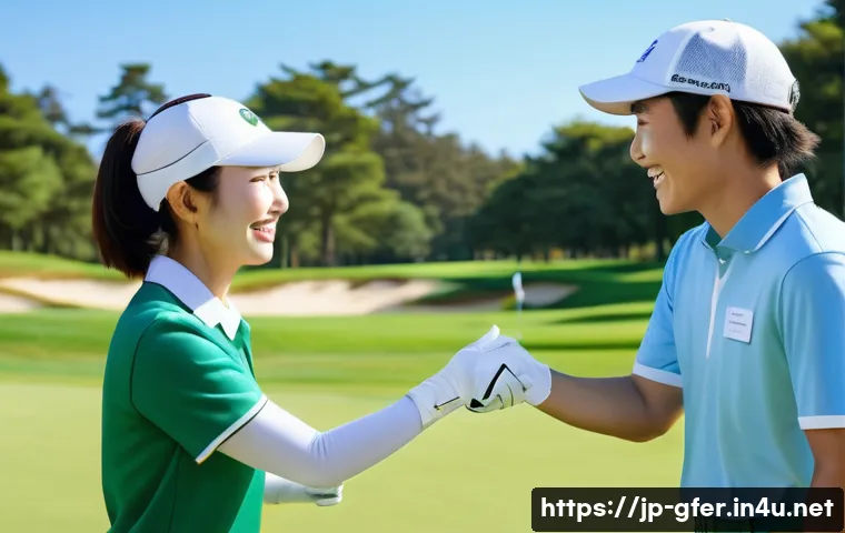 골프장 직원과의 관계 관리 - A cheerful Japanese golf course staff member warmly greeting a smiling female golfer in her 30s at t...