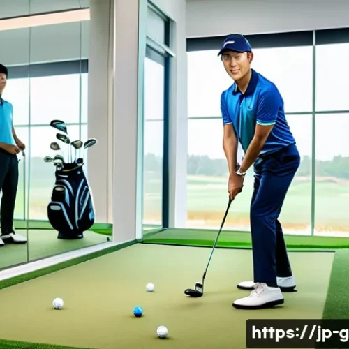 골프코치 자격증 종류와 특징 - A professional Japanese golf coach in a modern indoor golf training studio, wearing a neat golf polo...