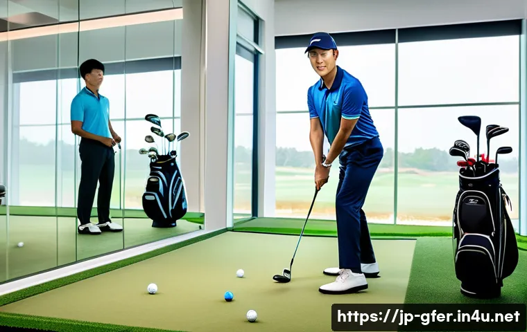 골프코치 자격증 종류와 특징 - A professional Japanese golf coach in a modern indoor golf training studio, wearing a neat golf polo...