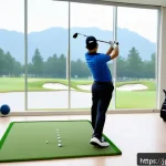 골프 레슨 후 고객 피드백 활용 - A modern golf lesson scene in a bright indoor training studio, featuring a young Japanese golfer wea...
