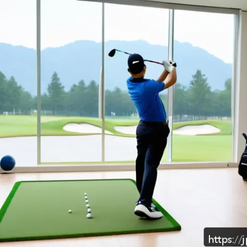 골프 레슨 후 고객 피드백 활용 - A modern golf lesson scene in a bright indoor training studio, featuring a young Japanese golfer wea...