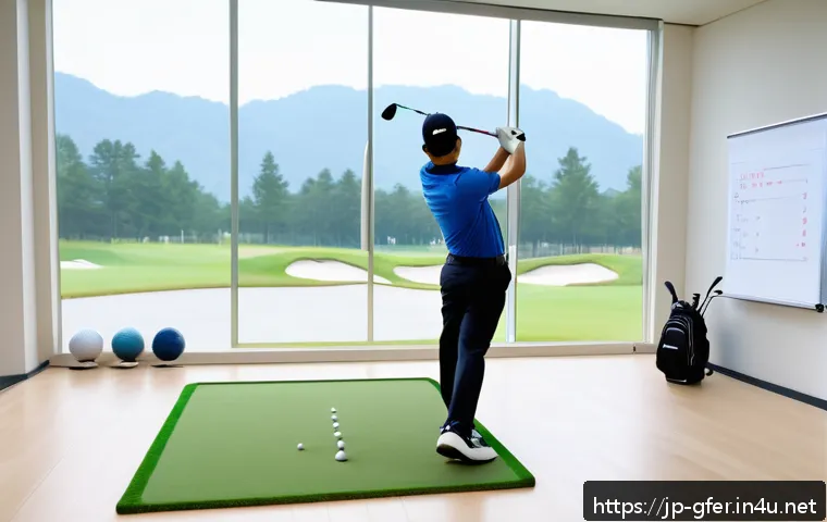 골프 레슨 후 고객 피드백 활용 - A modern golf lesson scene in a bright indoor training studio, featuring a young Japanese golfer wea...