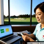 골프코치로서의 경제적 안정성 확보 - Photorealistic scene of a Japanese golf coach in a neat modern office at a golf academy, reviewing a...