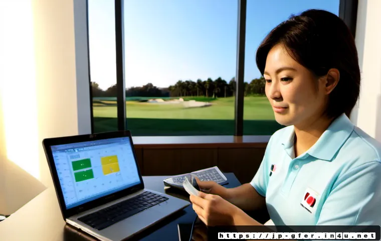 골프코치로서의 경제적 안정성 확보 - Photorealistic scene of a Japanese golf coach in a neat modern office at a golf academy, reviewing a...
